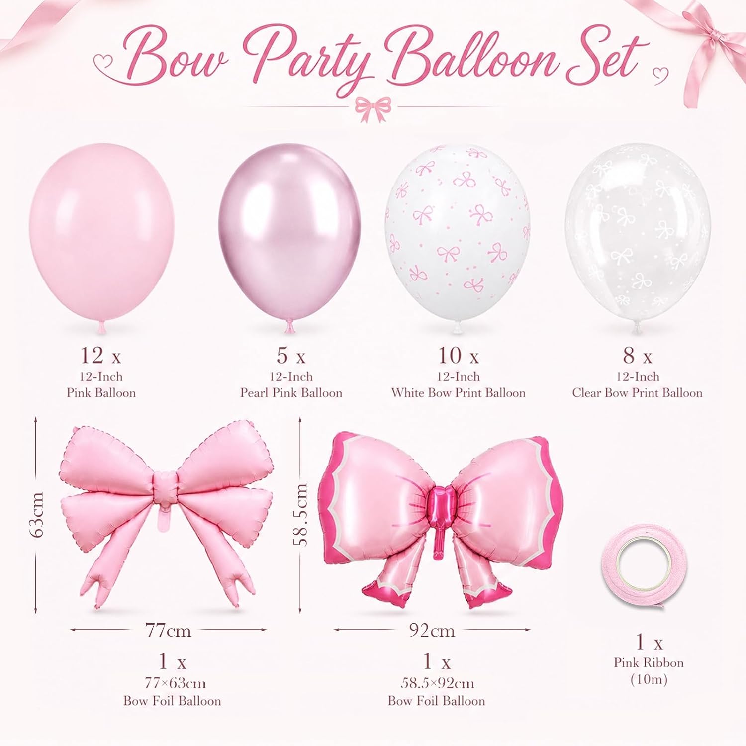 Detalle de Bow Balloons 35-Piece Light Baby Pink, White & Clear Pastel Balloon Set with Bow Foil Balloon and Ribbon