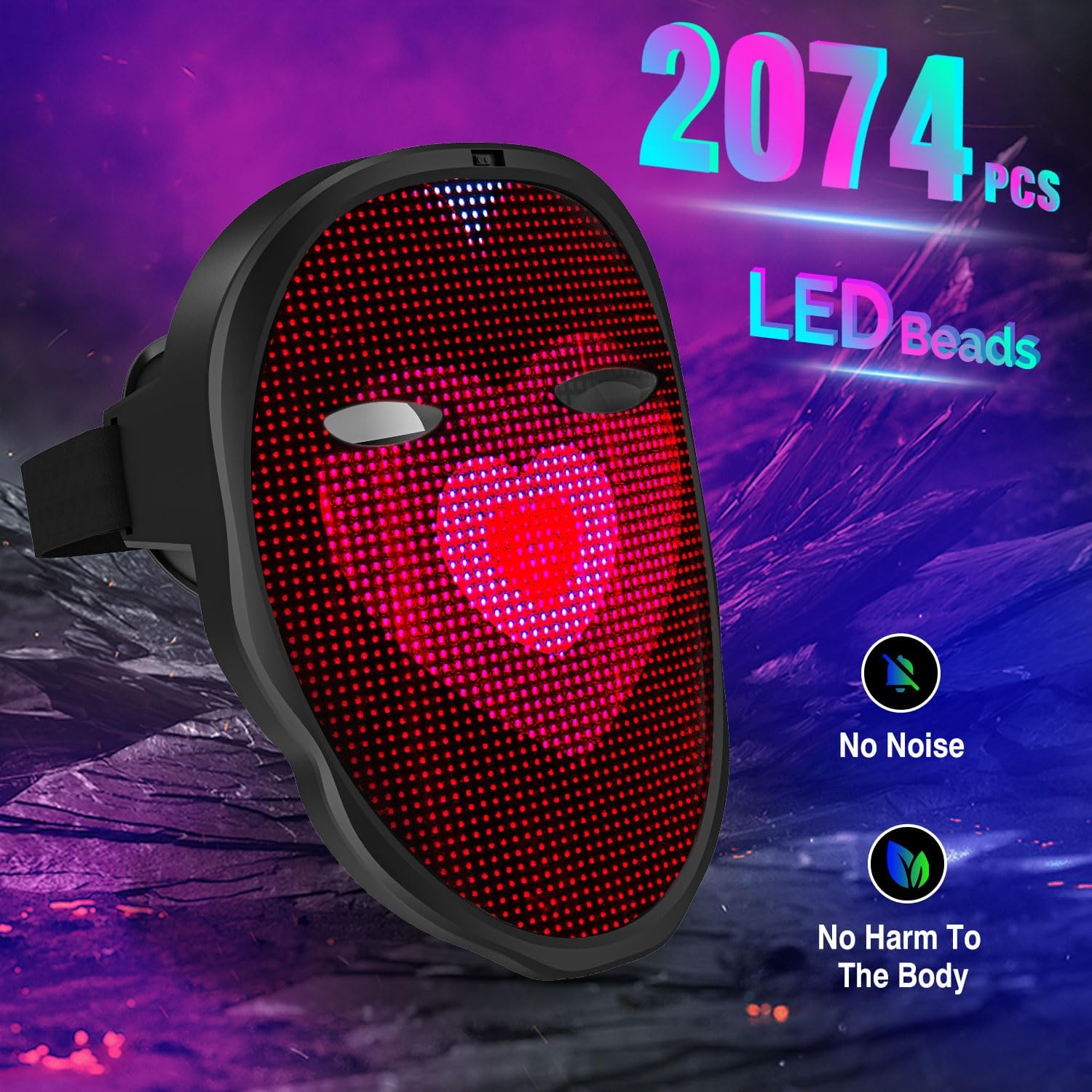 Detalle de megoo LED Mask with Bluetooth – customisable programmable light-up mask for DJ, rave, cosplay & parties