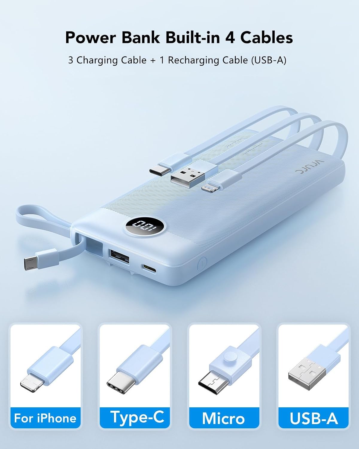 Thumbnail 1 de VRURC 10000mAh Power Bank with Built-in Cables and 5 Outputs