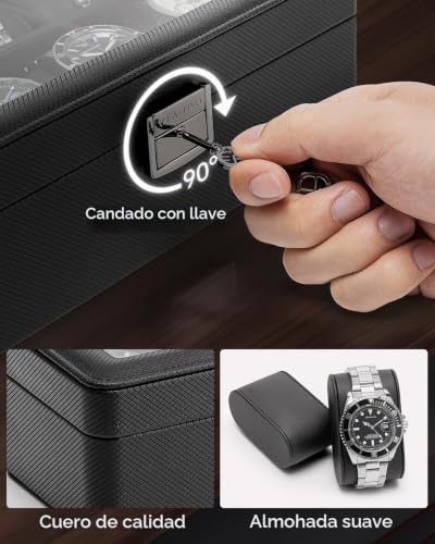 Detalle de VLANDO Caja Relojes de 6 Plazas con Tapa de Cristal – organización y estilo para tu colección
