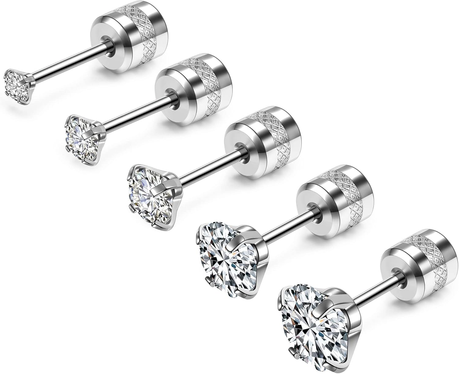 Thumbnail 1 de JSDDE 5 Pairs Screw Back Stainless Steel Cubic Zirconia Stud Earrings – 2mm to 6mm