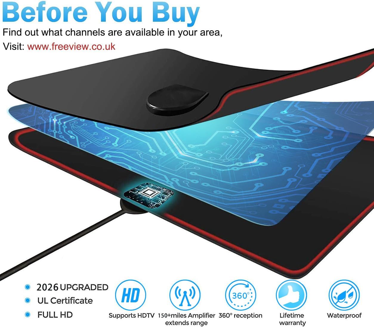 Thumbnail 1 de MILIWAN TV Aerial Indoor 80 Miles Range 12.2 ft Coax TV