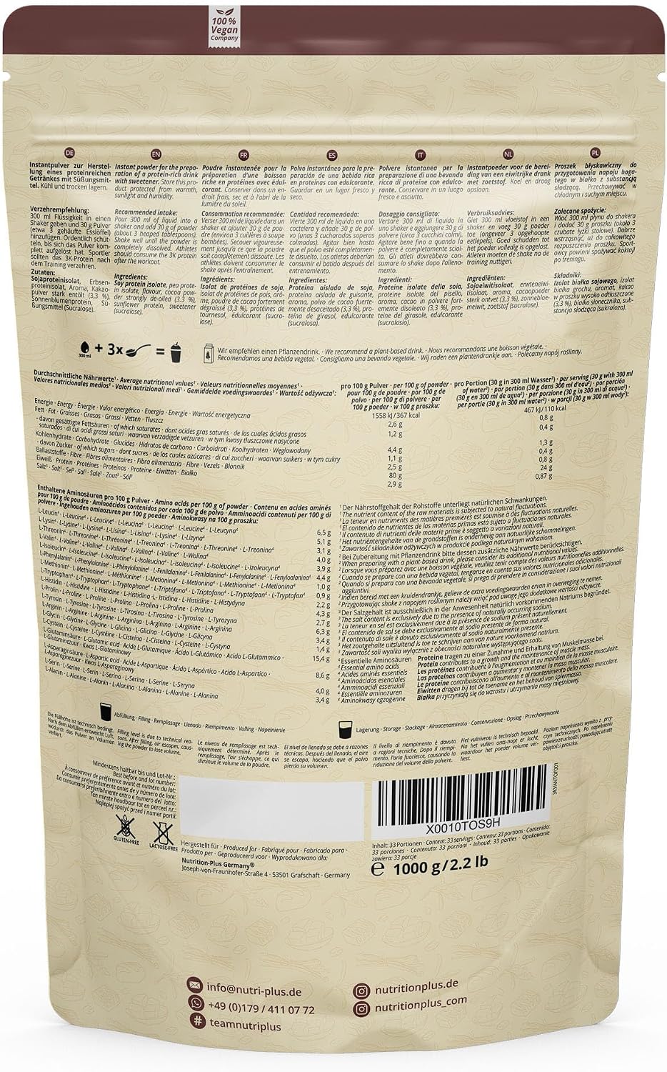 Detalle de Nutri + Protein Pulver Vegan Vanilla Toffee 1 kg – 80% Eiweiß, 3-Komponenten Pflanzliches Protein