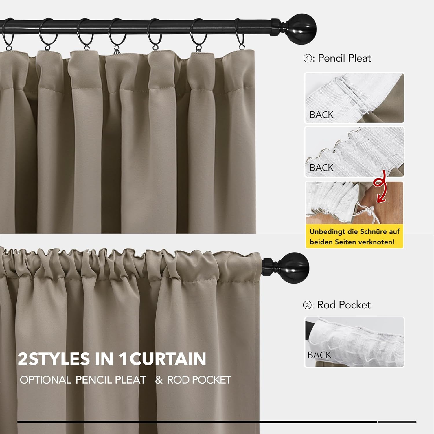 Thumbnail 5 de Deconovo Dicke Thermovorhänge Verdunkelungsvorhänge mit Kräuselband, Taupe, 200x140 cm – 2er Set