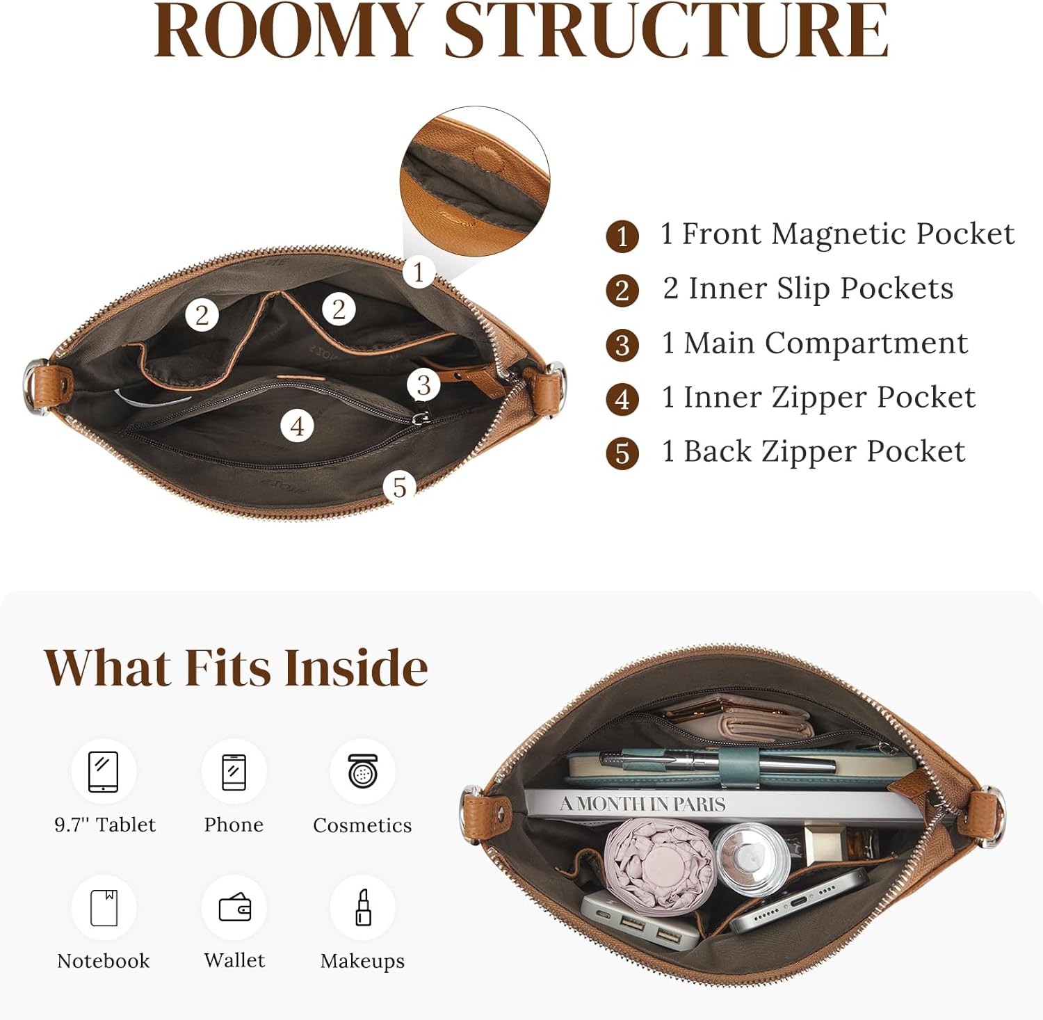 Thumbnail 4 de S-ZONE Leather Tote Bag for Women: Medium Crossbody with 2 Removable Straps