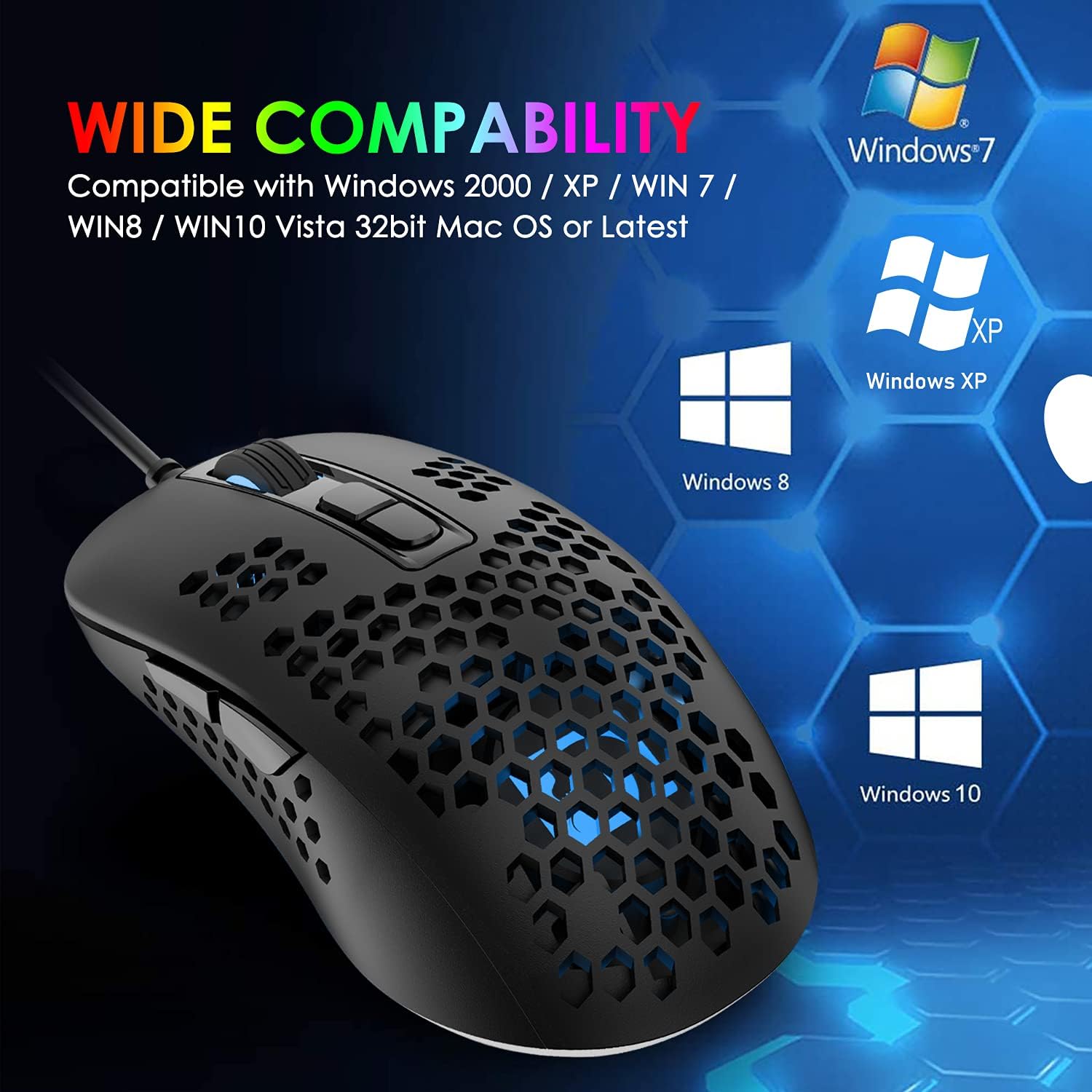 Detalle de KUIYN 383 Ultralight Wired Gaming Mouse – Lightweight Honeycomb Shell, 4 DPI Levels, 7 Buttons