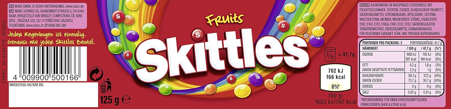 Detalle de Skittles Fruits Kaubonbons – vegane Fruchtmischung aus Ananas, Mandarine, Kirsche und weiteren Aromen, 6 Dosen (6 x 125 g)