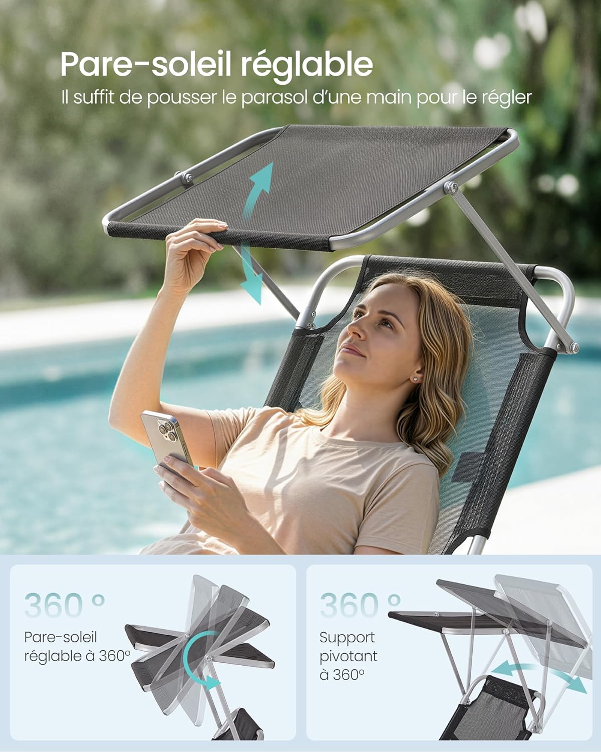 Thumbnail 3 de SONGMICS lot de 2 chaises longues pliantes avec pare-soleil réglable 360° et dossiers 4 positions, 189 x 53 x 28,5 cm (GCB294BZ02) – noir