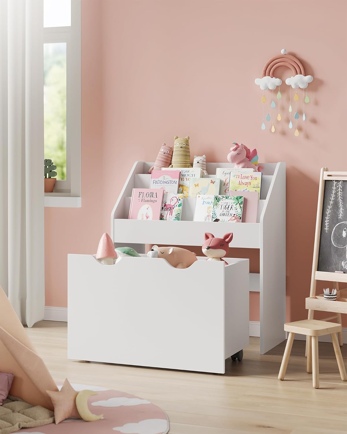 Thumbnail 1 de SONGMICS Scaffale per Giocattoli e Libreria 3 Scomparti con Contenitore Portagiochi a Ruote, Bianco Nuvola GKR041W10