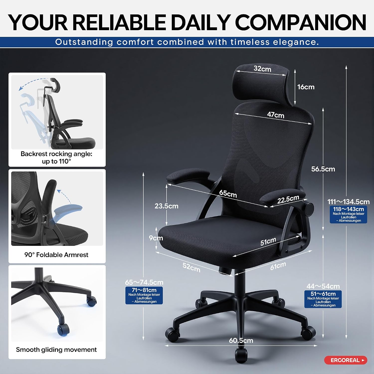 Thumbnail 2 de Ergoreal Ergonomischer Mesh-Bürostuhl für Home Office – verstellbare Lendenstütze, 2D-Kopfstütze, klappbare Armlehnen, bis 150 kg