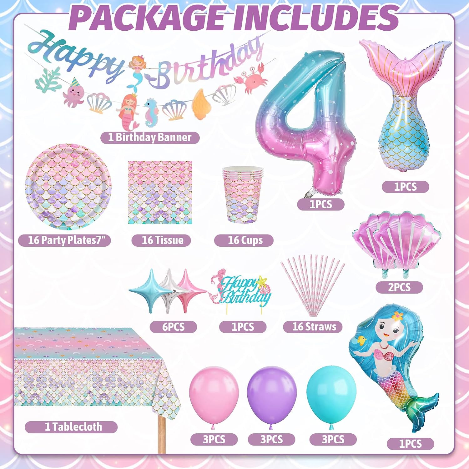 Detalle 2 de Meerjungfrau Partygeschirr Set zum 4. Geburtstag – Deko-Set für 16 Gäste mit Papptellern, Bechern & Luftballons