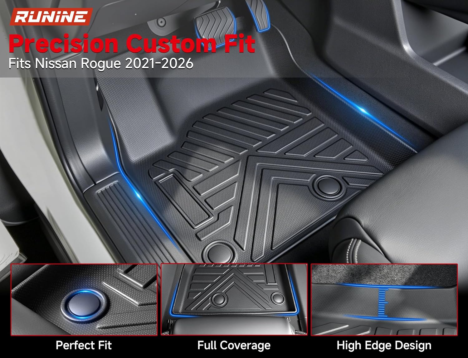 Thumbnail 2 de Runine Custom Fit All-Weather Floor Mats for Nissan Rogue (2021-2026, Not for Sport) with Windshield Cover and Trunk Mat