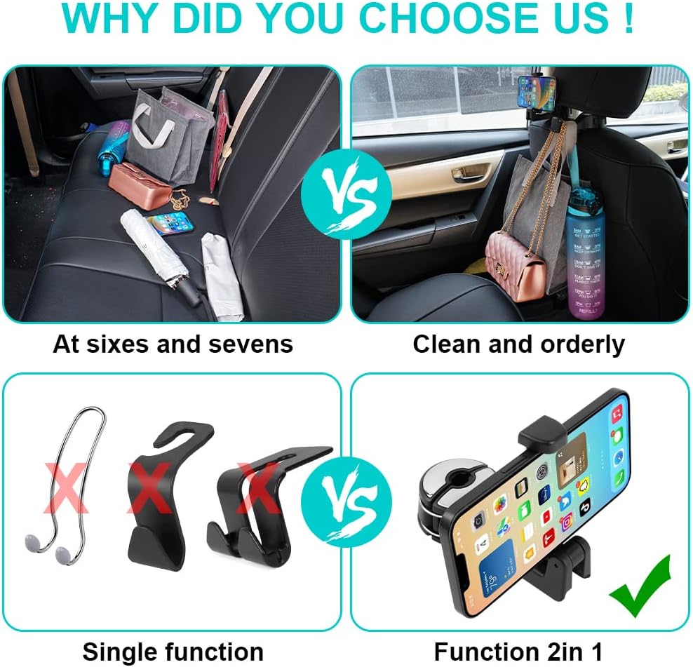 Thumbnail 5 de URAQT Auto-Kopfstützenhaken 2er-Set mit ausziehbarer Handyhalterung (360° drehbar)