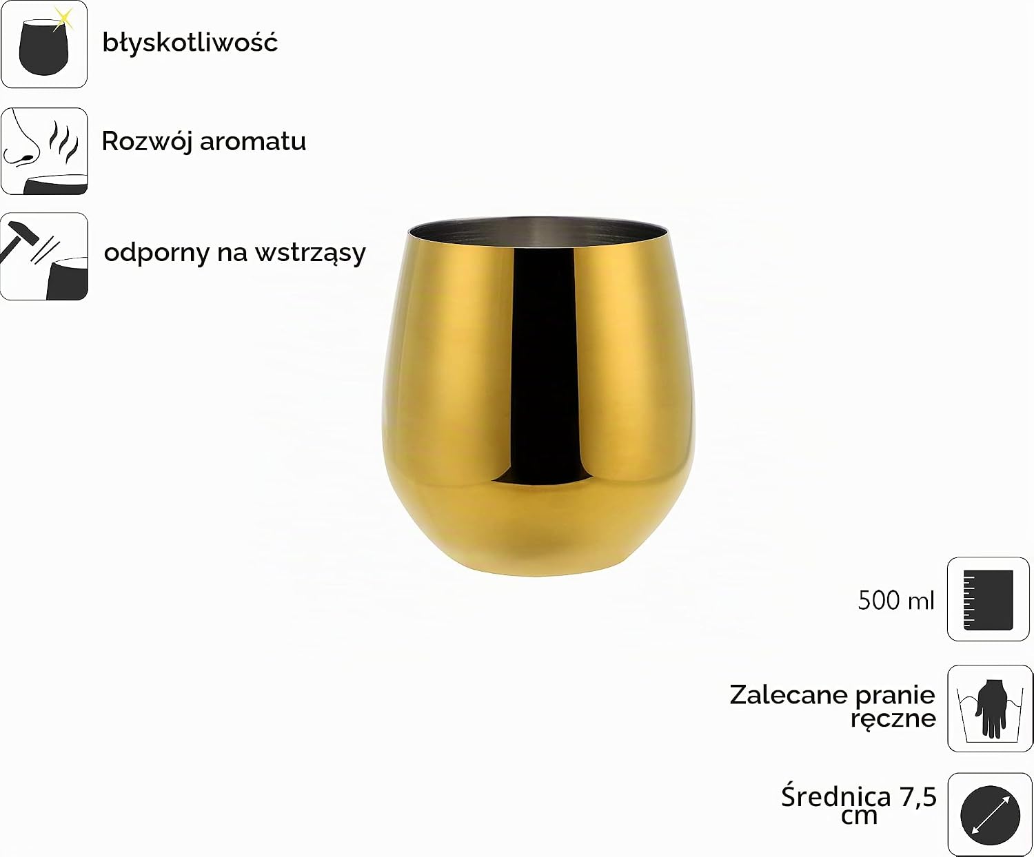 Detalle de ECHTWERK EW-SG-1774G – 6 stalowych kieliszków, złota edycja, 500 ml