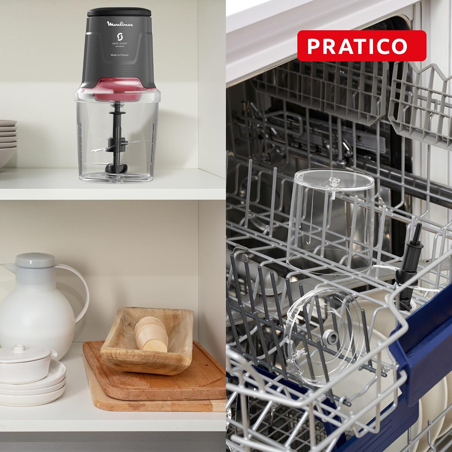 Detalle de Moulinex Easy Press AT740H: Tritatutto Elettrico 600W con 4 lame in acciaio, capacità 500 ml, colore Hippo Iron