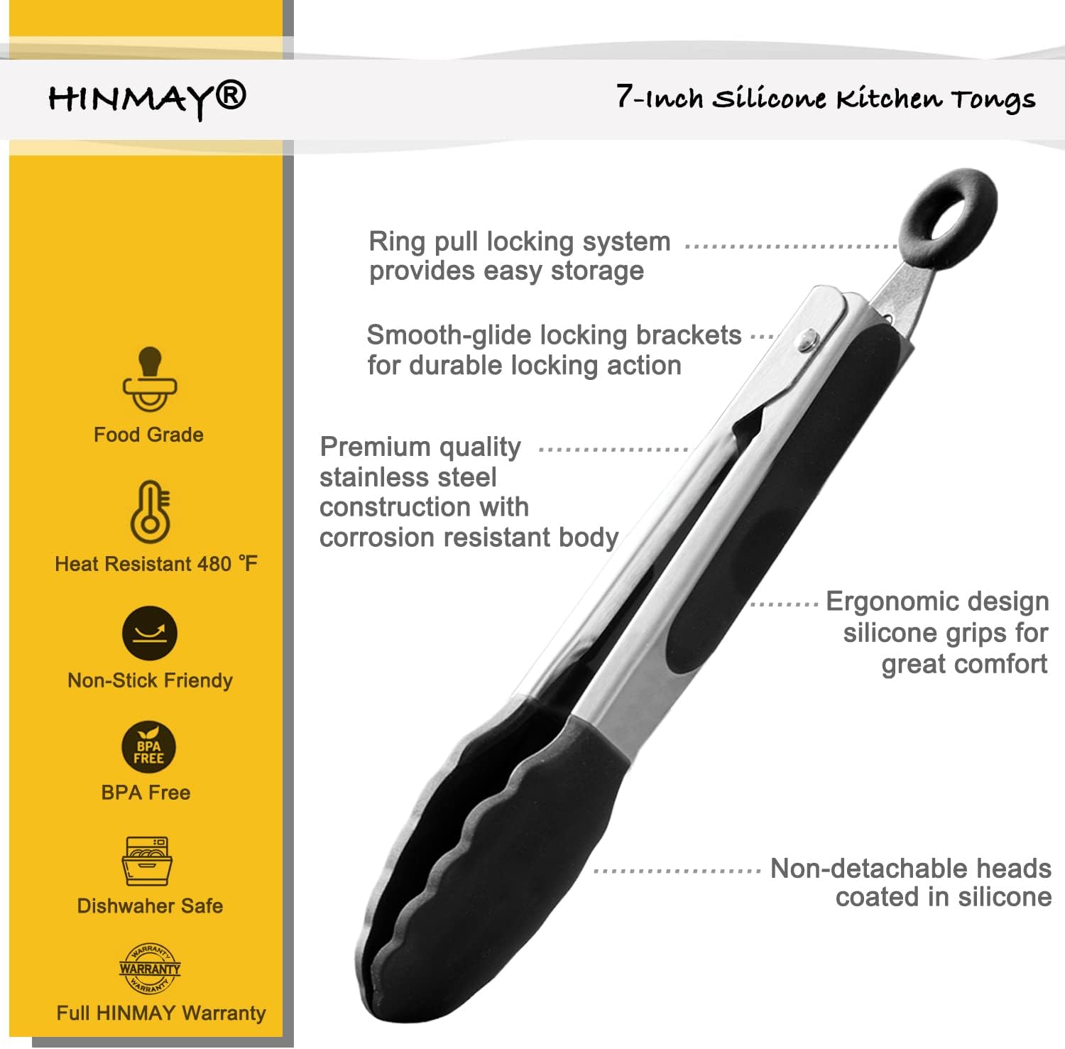 Detalle 2 de HINMAY Small Silicone Tongs 7‑Inch set of 3 🍴