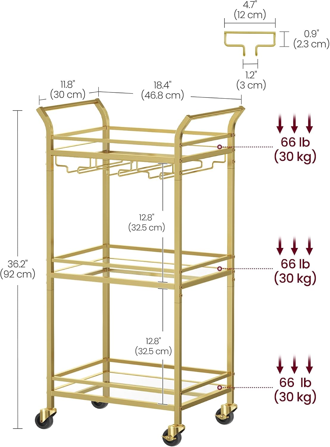 Detalle 2 de VASAGLE Baris Collection LRC091A62 3-Tier Drinks Trolley with Mirrored Glass Shelves