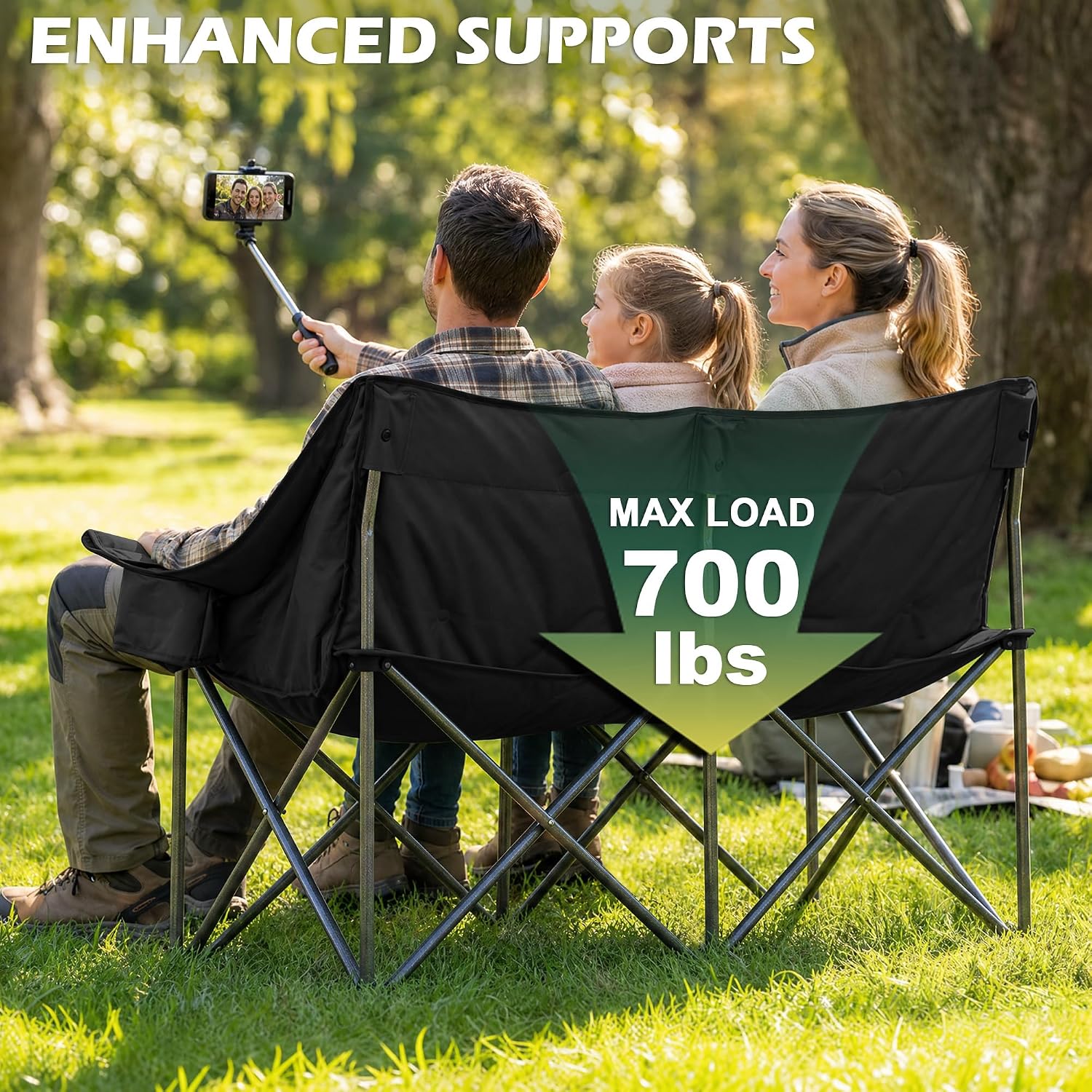 Thumbnail 6 de Youtanic Oversized Double Camping Chair (Folding Loveseat) with Cup Holder, Pockets & Carry Bag, Black