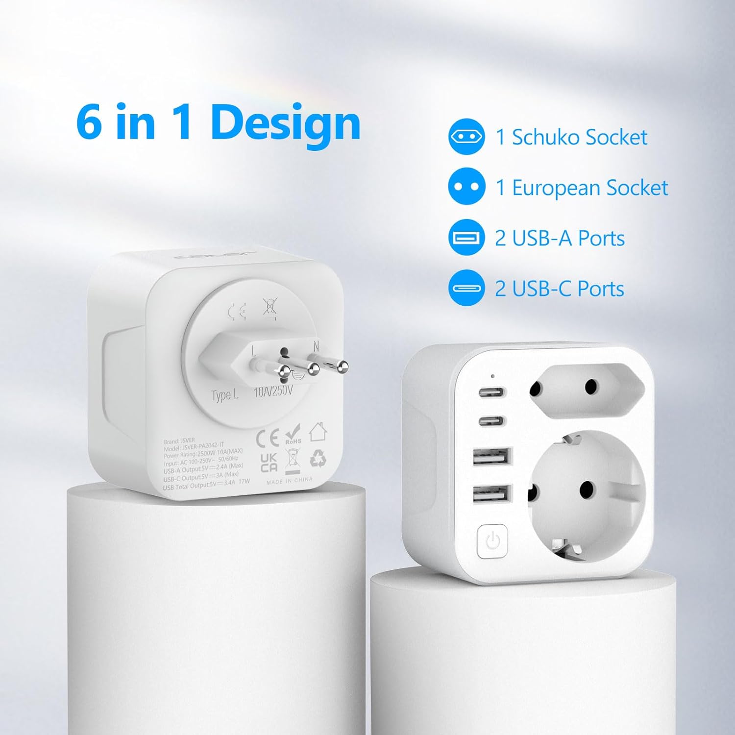 Thumbnail 3 de JSVER Adaptateur de voyage Italie Type-L avec 4 ports USB (6 en 1) bidirectionnel Italie–France