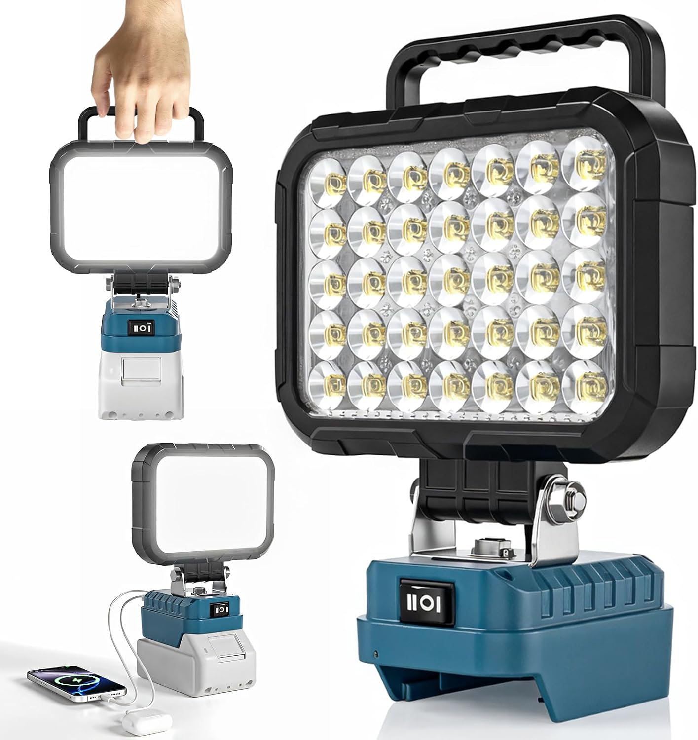 Detalle de HUAKAYO LED-arbetslampa för Makita 18 V-batterier, 6500 K och 2 USB-A-portar