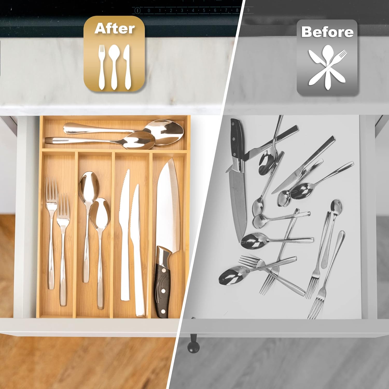 Detalle 2 de Besilord Silverware Organizer 5-slot bamboo tray 🍽