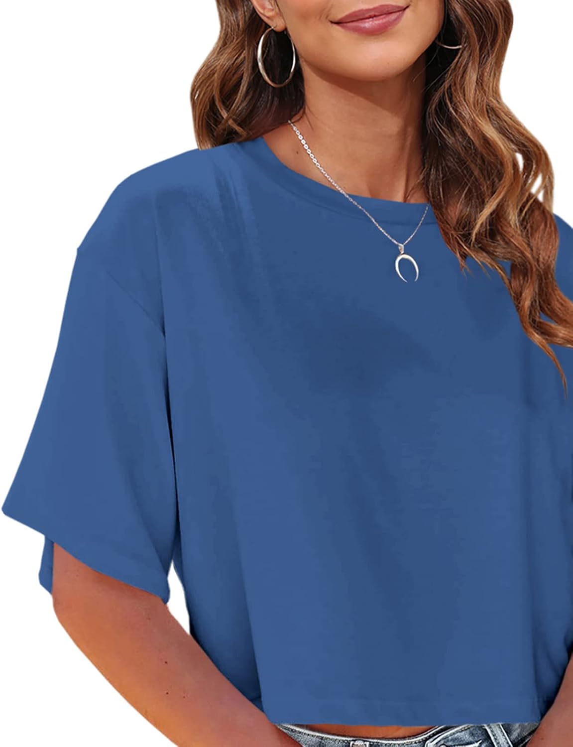 Thumbnail 1 de Tankaneo Women Half Sleeve Cropped T-Shirts: Drop Shoulder Round Neck Casual Summer Top