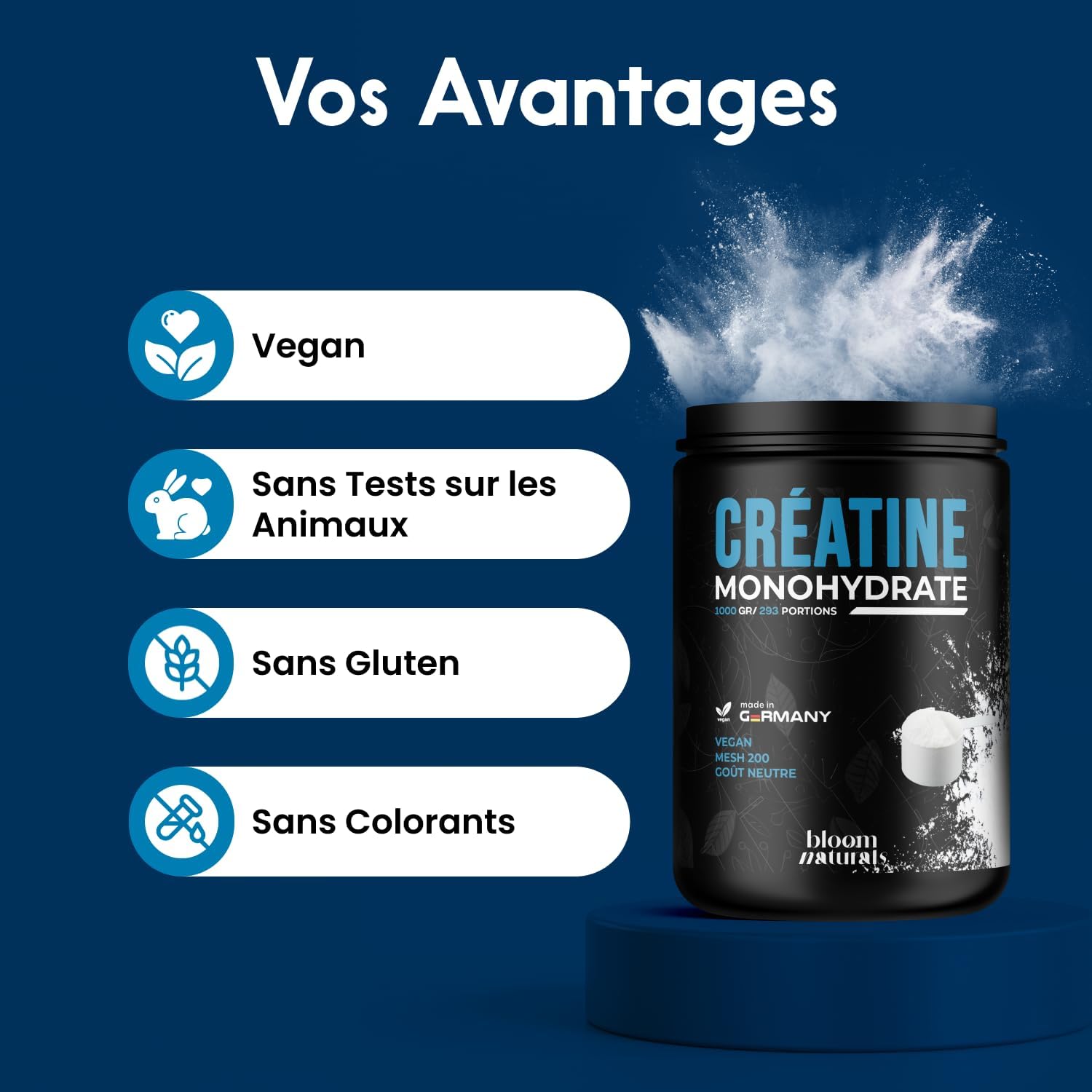 Detalle de Créatine Monohydrate Poudre 1000 g – Mesh 200, goût neutre, vegan – testée en laboratoire