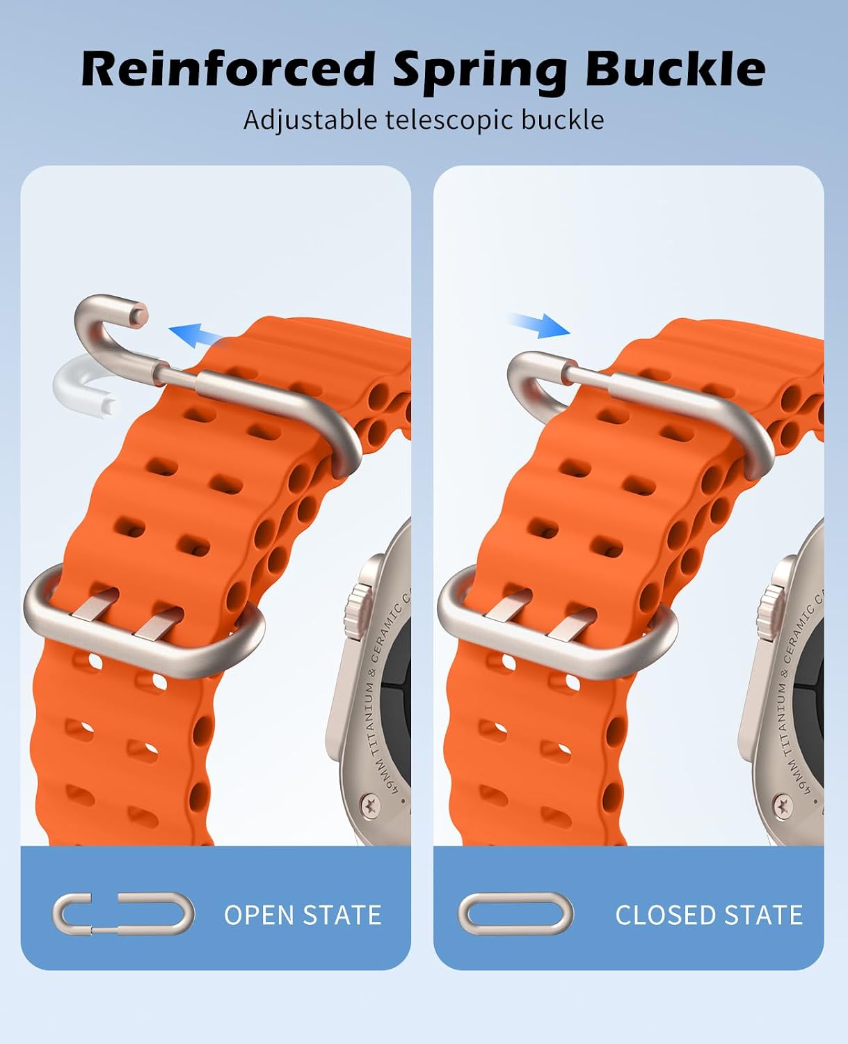 Detalle de TiMOVO Cinturino Ocean per Apple Watch Ultra 49 mm — cinturino sportivo traspirante con connettore in metallo migliorato