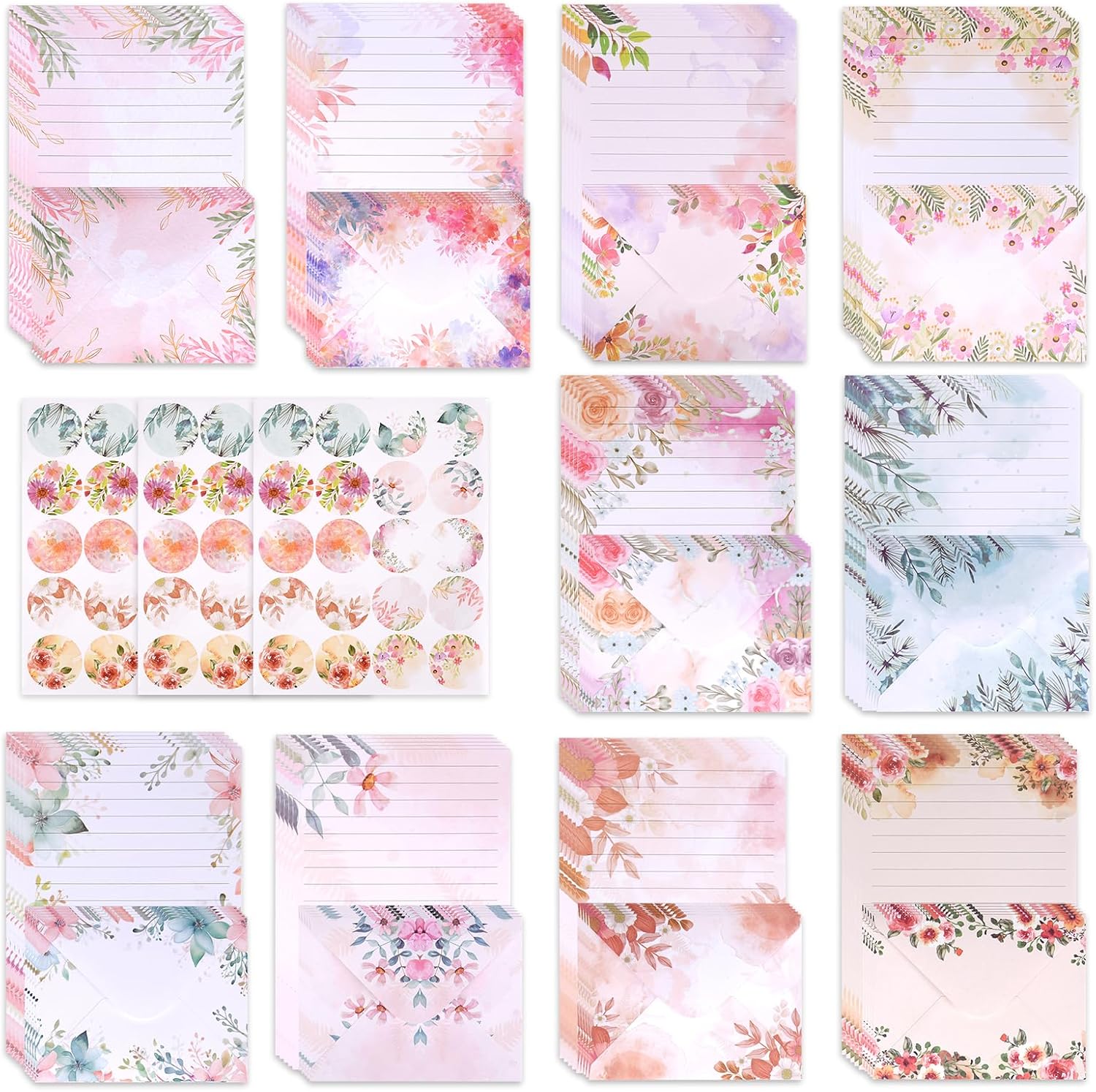 Detalle de Vicloon briefpapier-set met 50 A5-vellen, 50 enveloppen en 60 bloemlabels