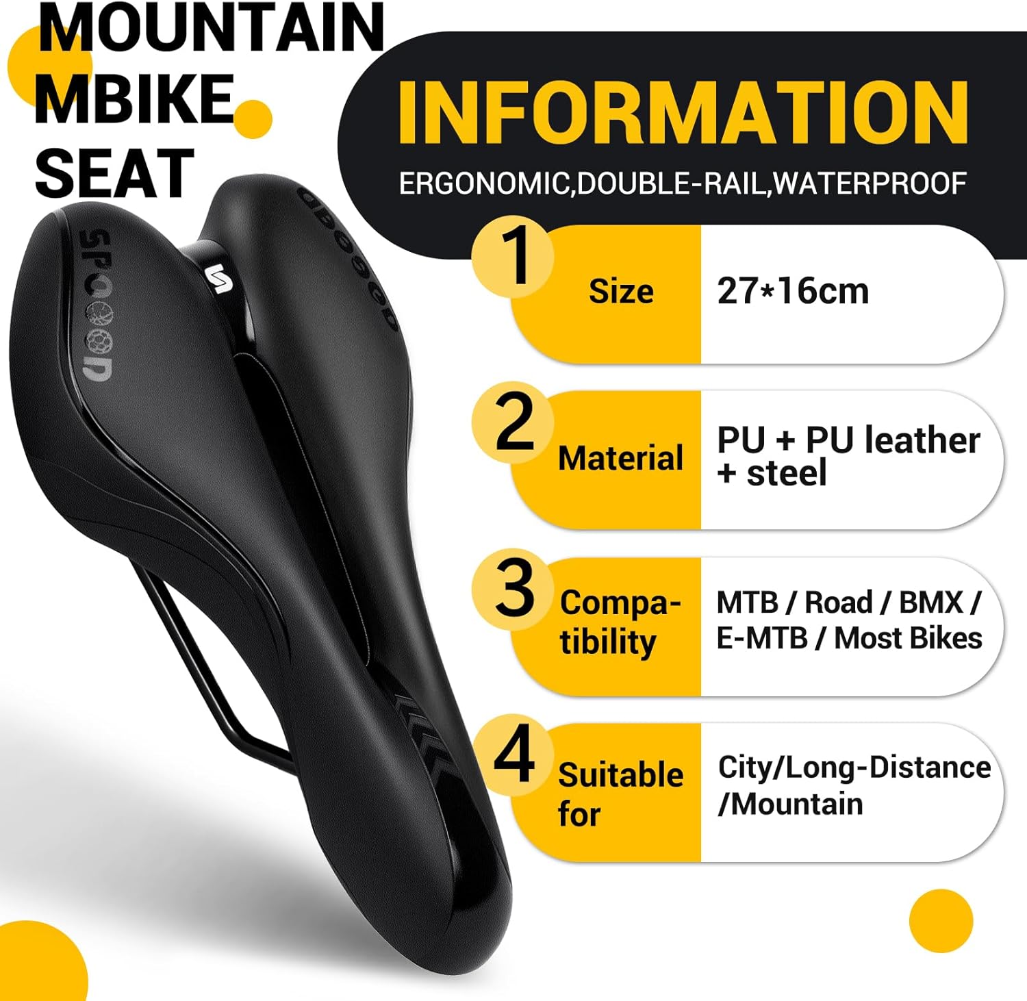 Detalle 2 de SPGOOD Gel-Fahrradsattel für Herren & Damen, breit, weich & ergonomisch (mit Überzug) – 27 × 16 cm