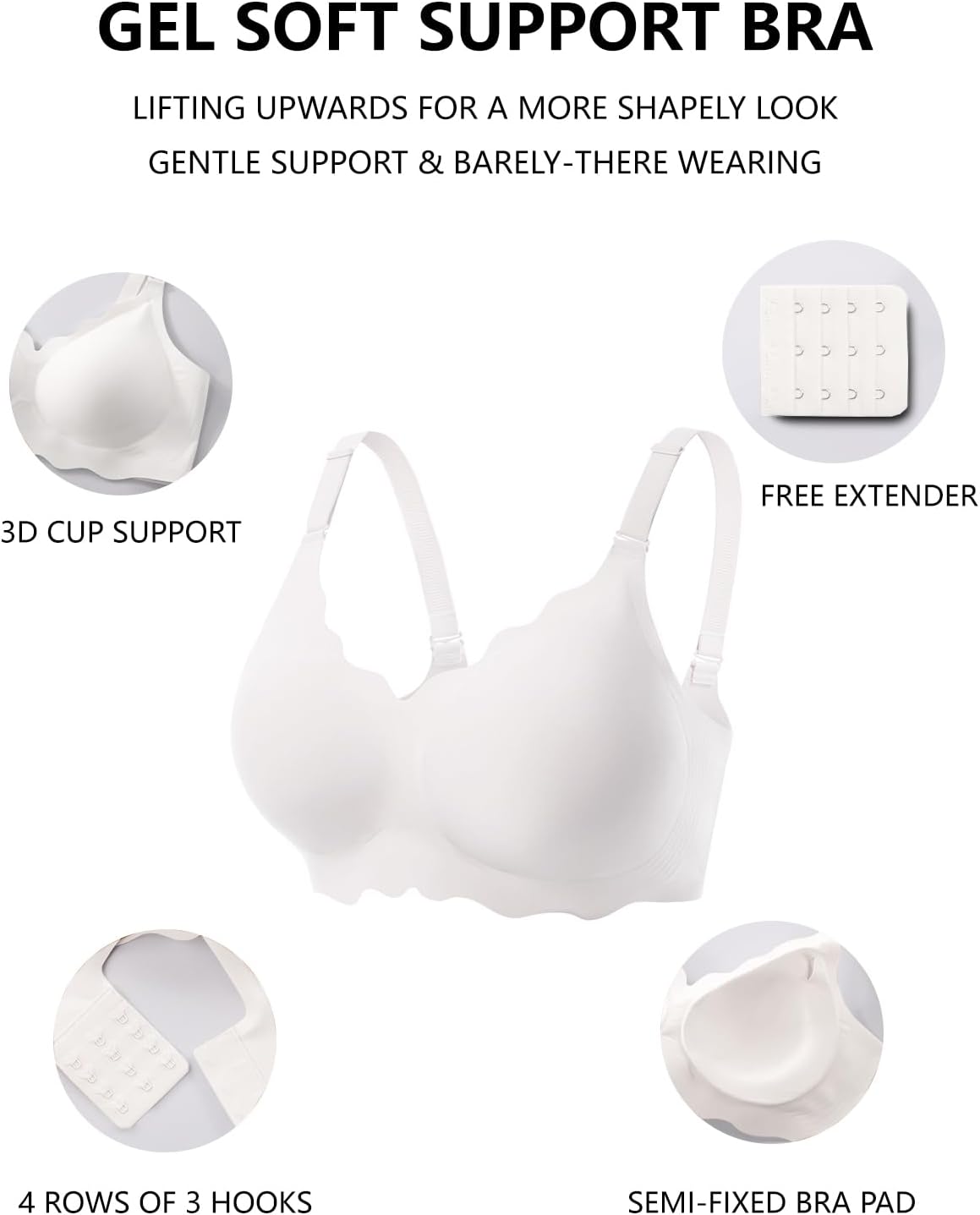 Detalle de COCOMARTS Jelly Bra for Women, Wireless Push-Up with Scalloped Edges