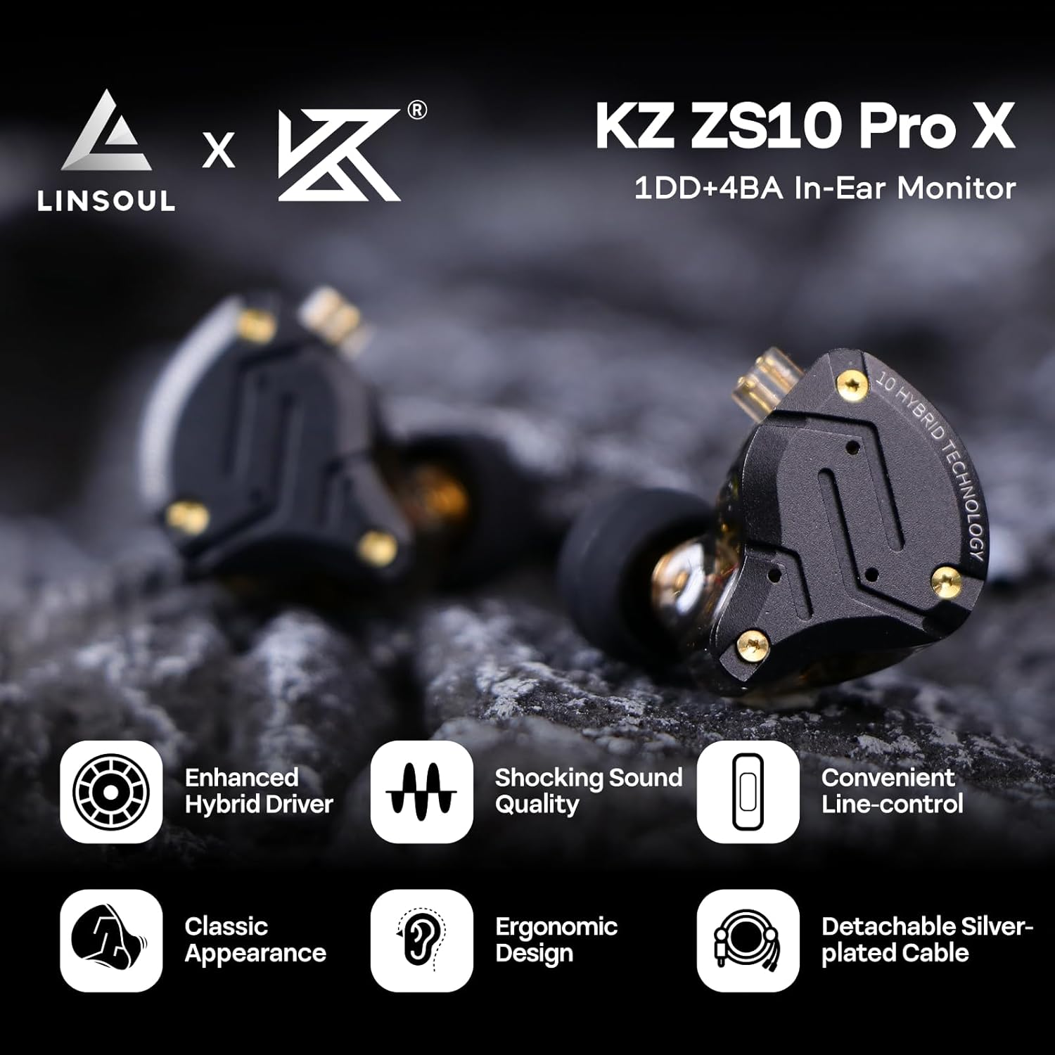 Detalle 2 de Linsoul KZ ZS10 Pro X Upgraded 1DD+4BA — IEM hybride avec façade en alliage et câble à double broche détachable