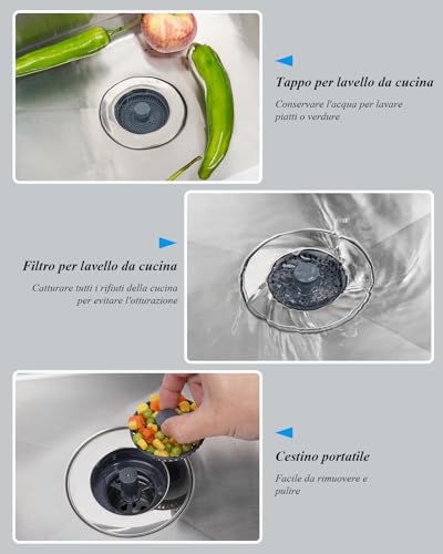 Detalle de Hibbent Setaccio e Tappo Combo per Lavello da Cucina 3-in-1 in Acciaio Inox – Anti-Intasamento