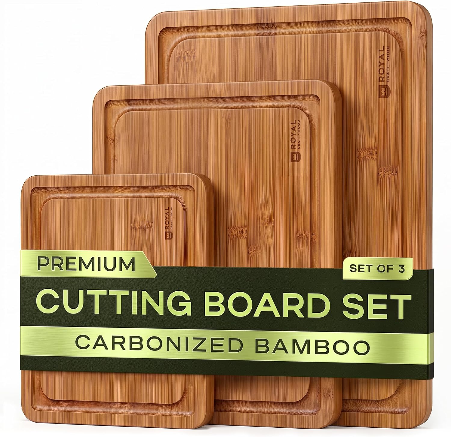 Detalle de ROYAL CRAFT WOOD Carbonized Brown Cutting Board Set, 3-Piece Bamboo