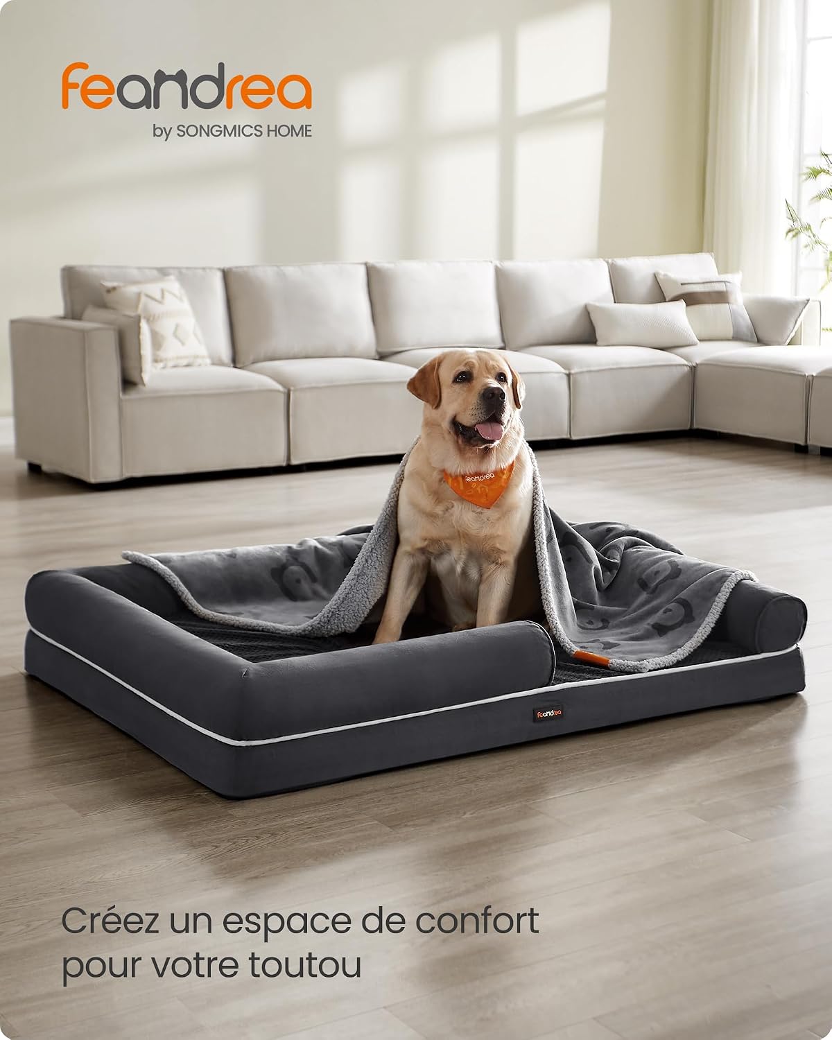 Detalle de Feandrea Panier pour Chien Orthopédique — Canapé et Lit pour Animaux 135 x 102 x 23 cm, Gris Foncé