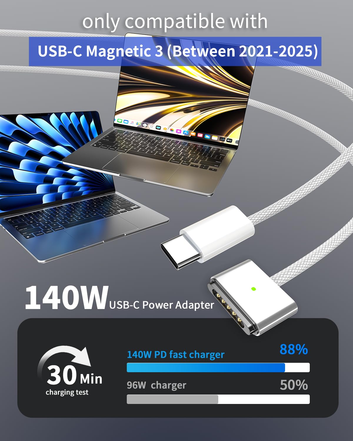 Thumbnail 2 de SURGKET USB-C to Mag 3 Cable for MacBook Pro/Air 2021–2025 (M1–M4, 14–16in) – Nylon Braided 2m
