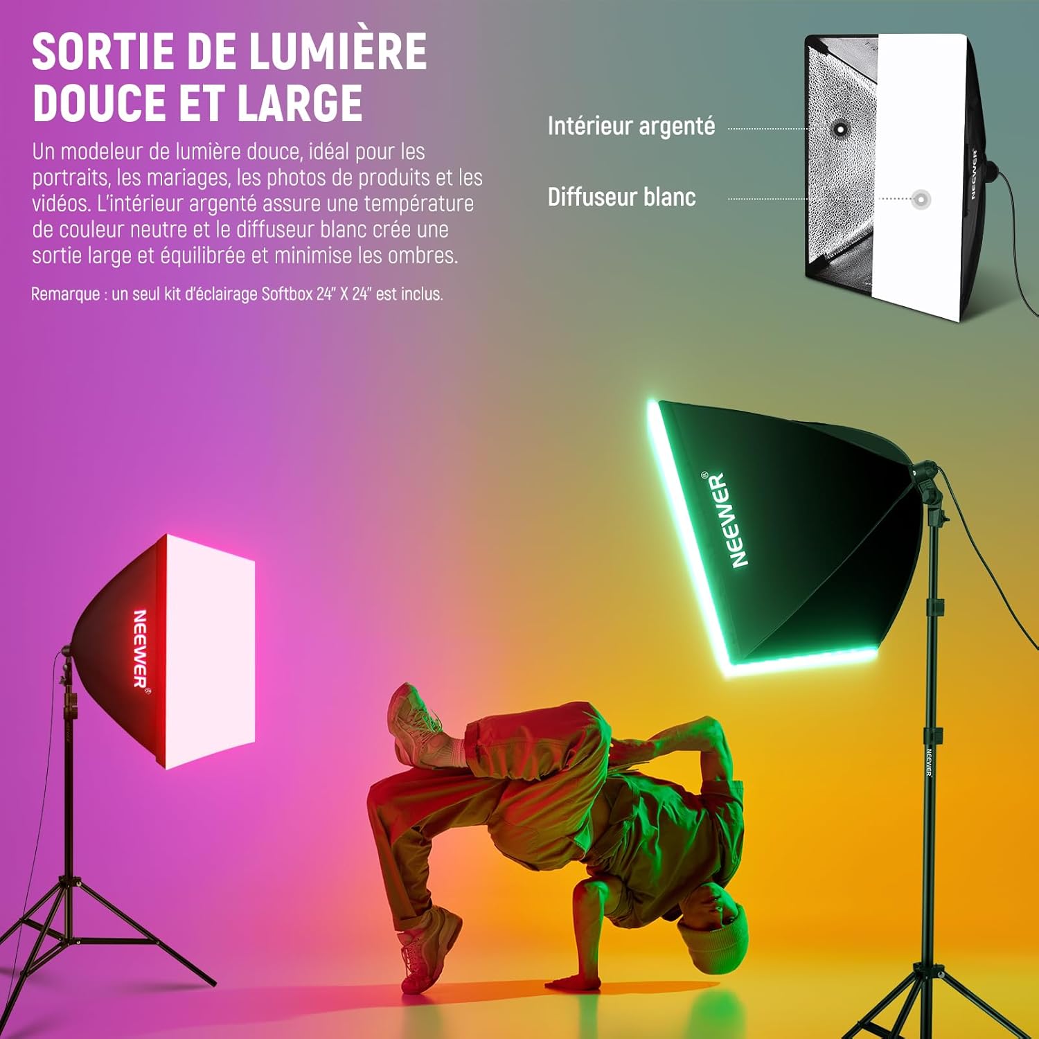 Detalle de NEEWER NK800 : kit d’éclairage softbox RGB Softbox 24" E27, contrôle par app et 9 modes d’effets