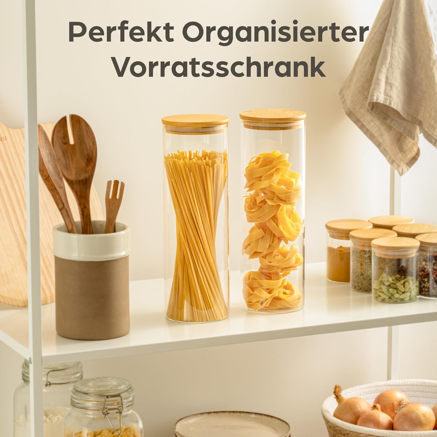Detalle de Praknu Vorratsdosen mit Deckel für Spaghetti 2er Set – luftdicht, 30 cm Höhe, Bambusdeckel, spülmaschinenfest
