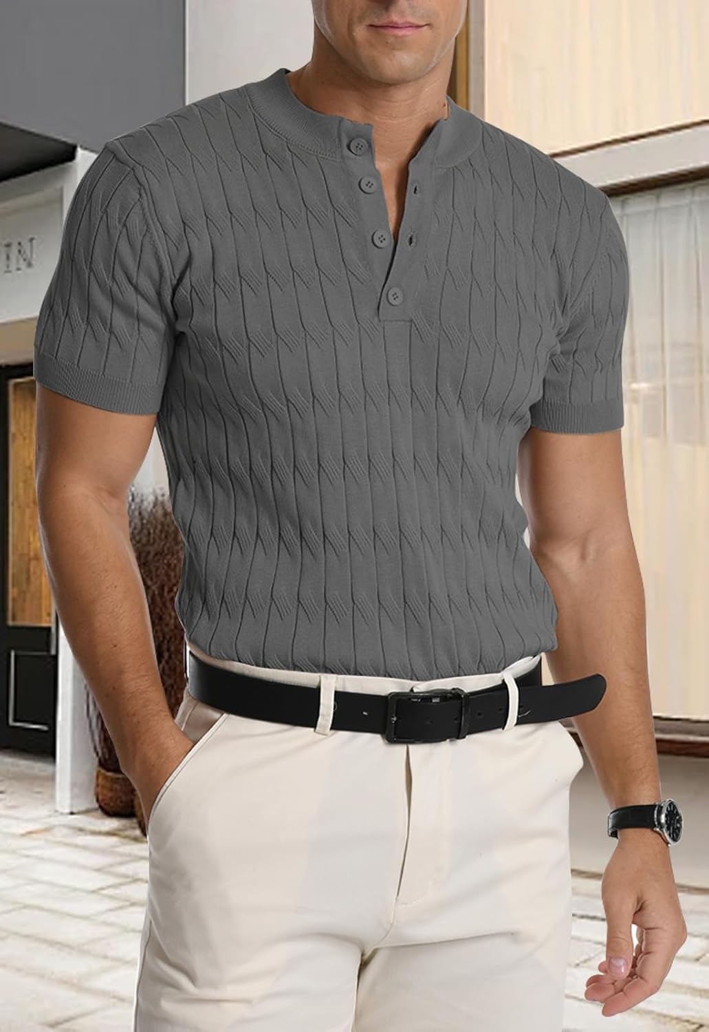 Thumbnail 2 de MLANM Men's Knitted Henley T-Shirt Polo - Short Sleeve, Slim Fit, Summer Knit