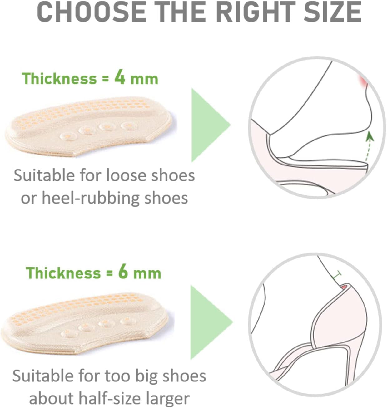 Detalle de VivoFoot 4 Pcs Anti-Slip Heel Grips – 6mm Thick Heel Cushions for Loose or Half-Size Shoes