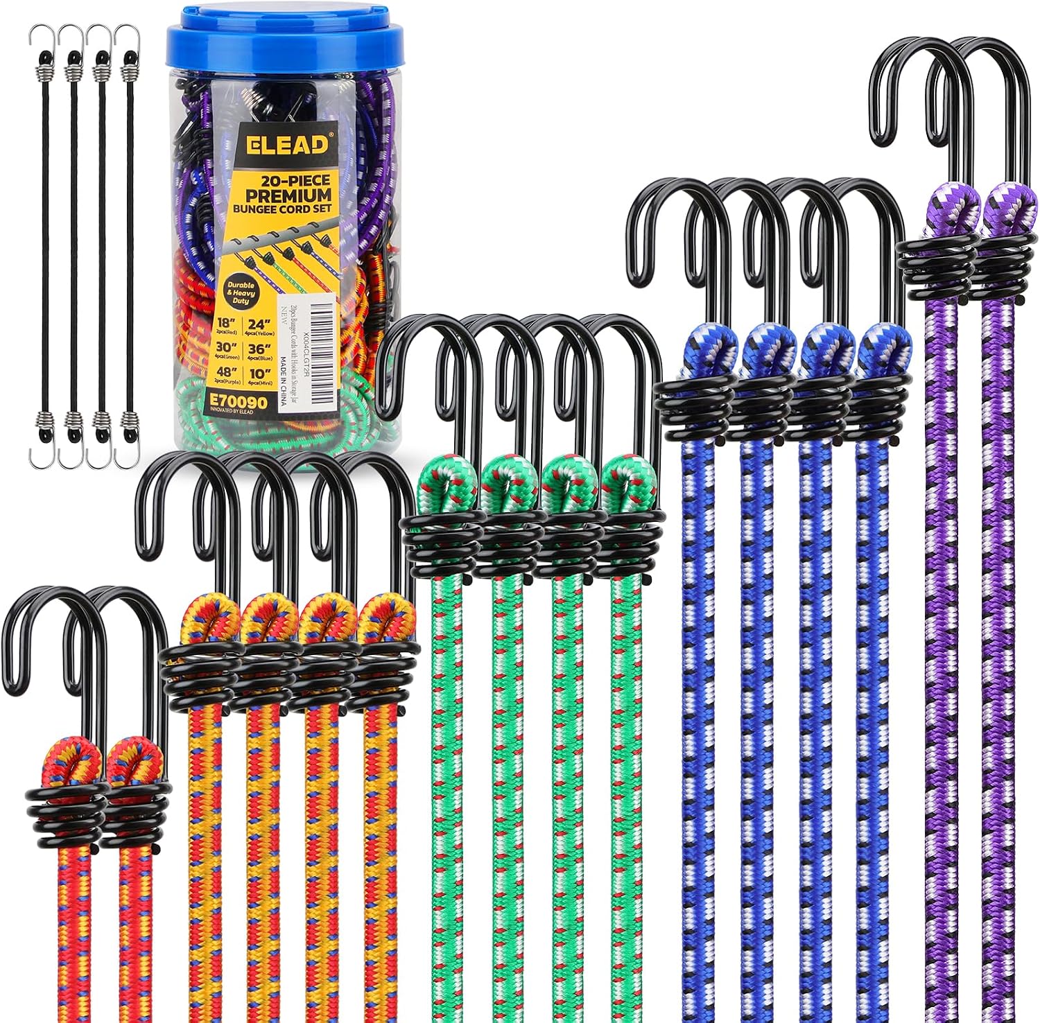 Detalle de ELEAD E70090 Heavy-Duty Bungee Cords, 20-Piece Rubber Set with Hooks