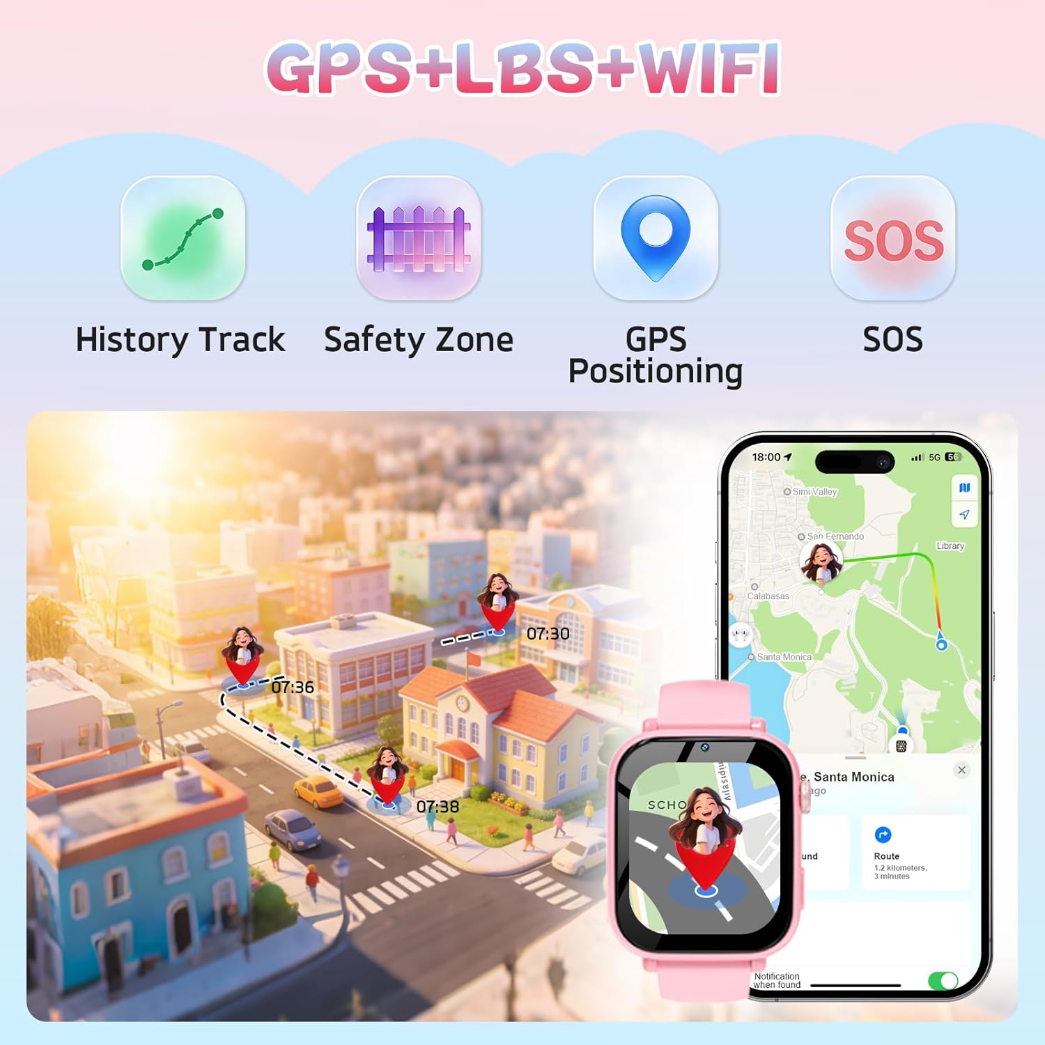 Detalle de PTHTECHUS Montre Connectée Enfant 4G Rose – GPS, Appels Vidéo et Mode École
