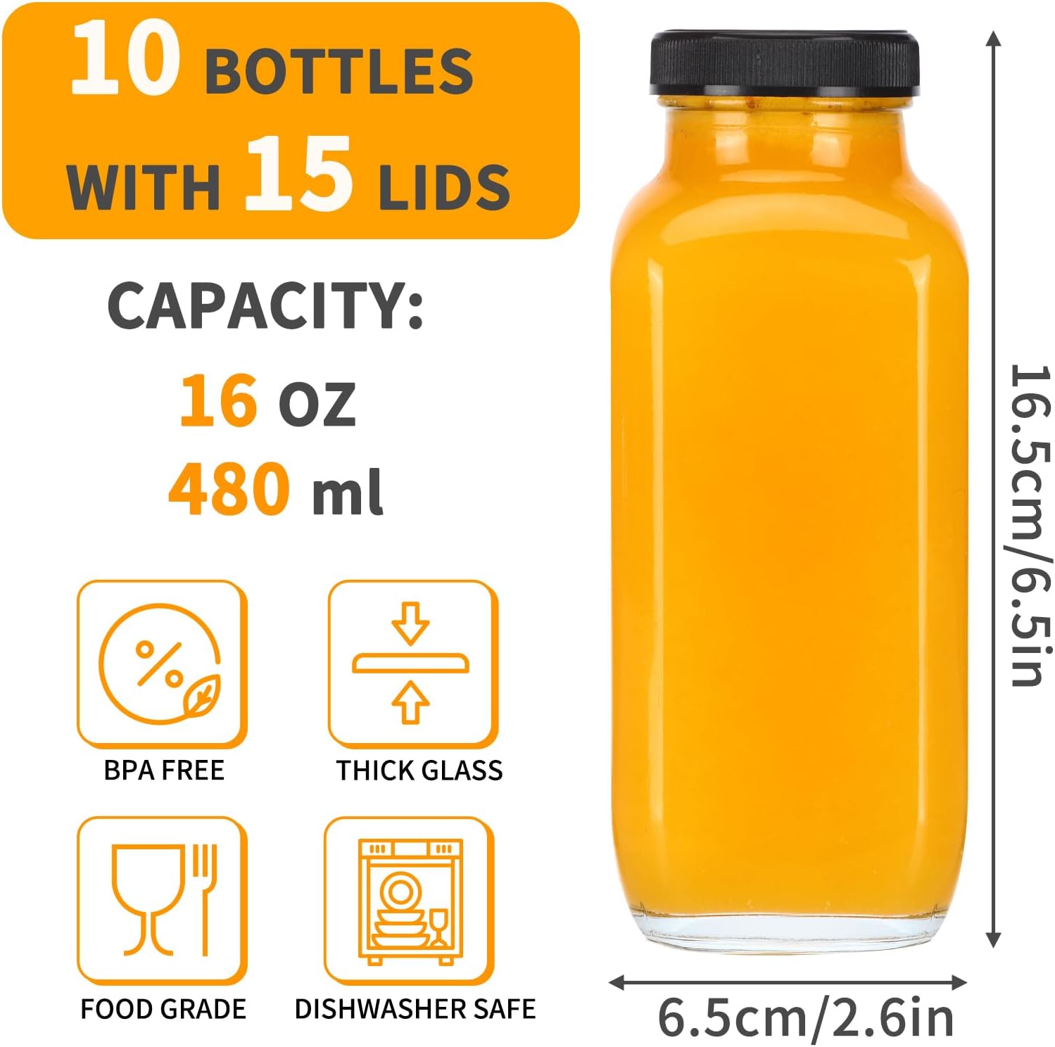 Detalle 2 de CUCUMI 10pcs 16oz Glass Juice Bottles with Lids (Reusable Drinking Jars, Straws & Cleaning Brush Set)