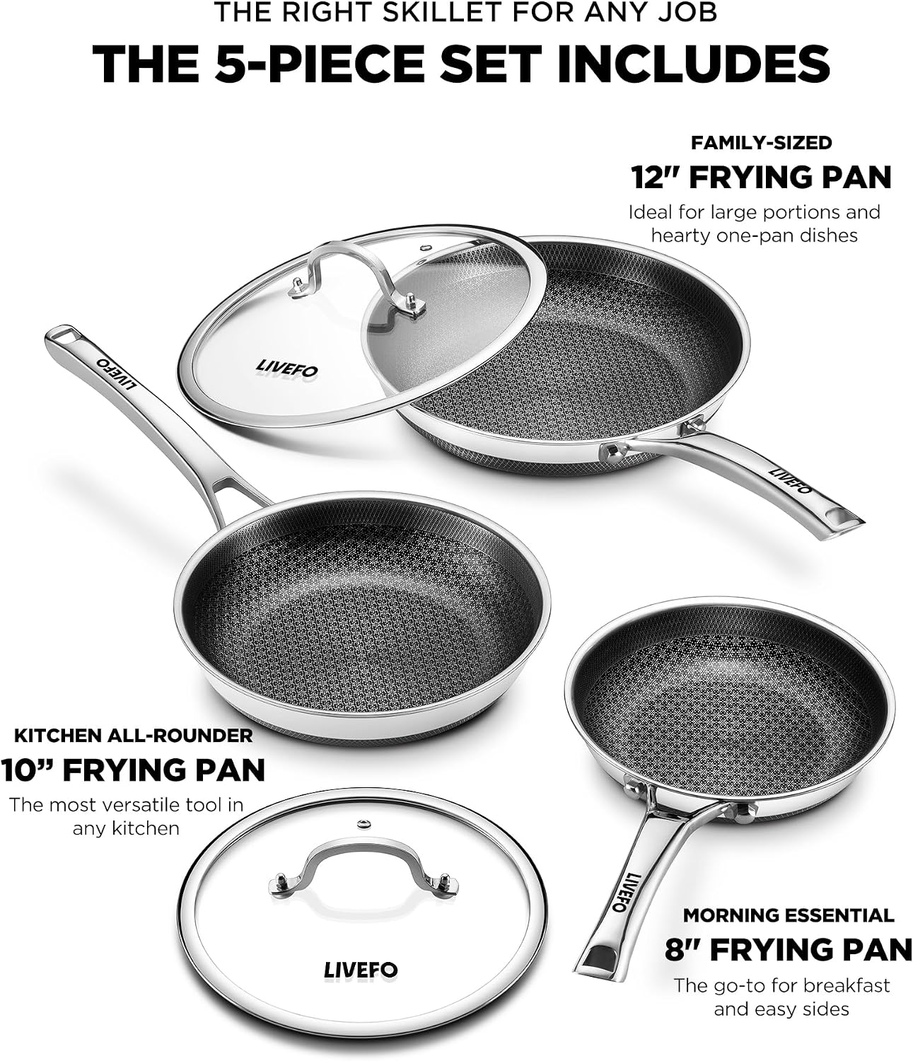 Detalle 2 de LIVEFO SC3PCLID Stainless Steel Frying Pan Set, 8/10/12-Inch, Non-Stick