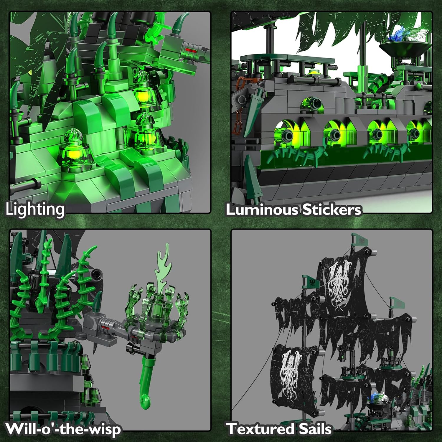 Thumbnail 3 de JMBricklayer Bateau pirate en briques avec lumières LED vertes – modèle 40001 Flying Dutchman