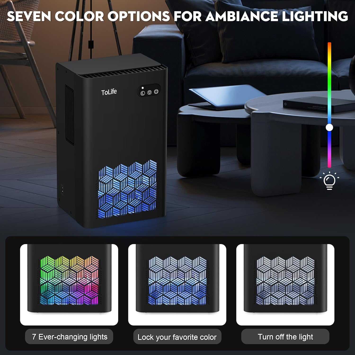 Detalle de ToLife Home Dehumidifier (1000 sq.ft) with 95 oz Tank, Auto Shut Off & 7-Color LED, Black