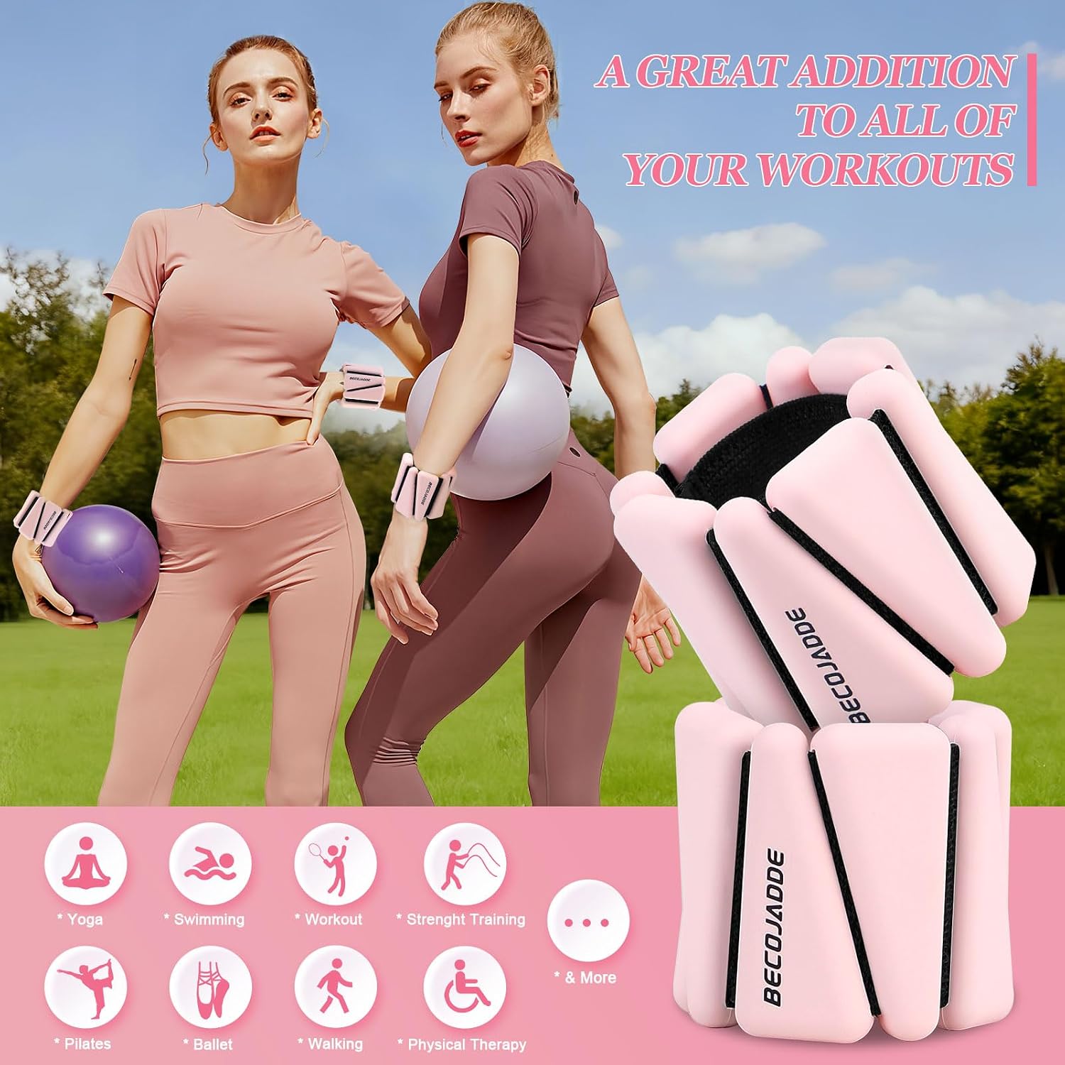 Detalle de BECOJADDE 4 lb Ankle and Wrist Weights, Adjustable, Cloud Pink