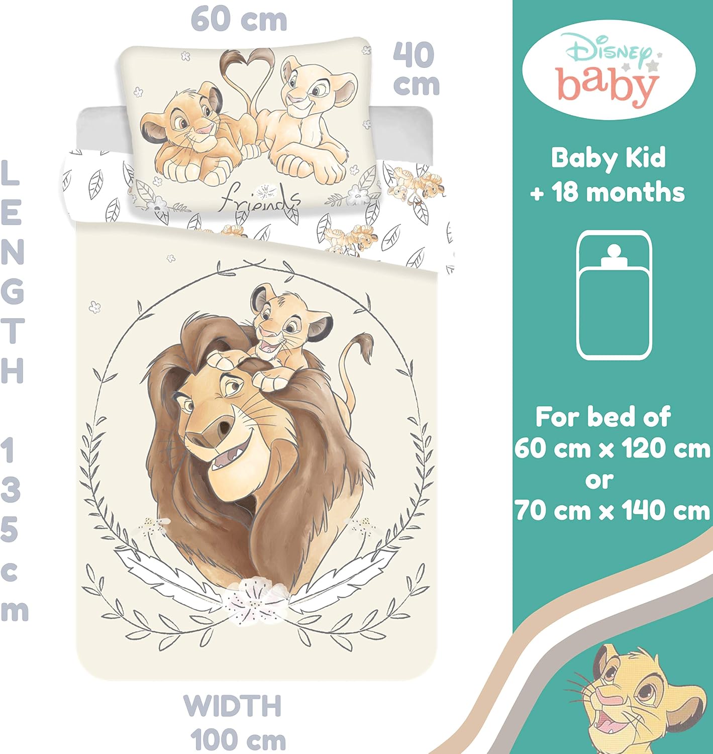 Detalle 2 de Disney Lion_baby Simba Mufasa Reversible Baby Bedding Set, Cotton, 100 x 135 cm
