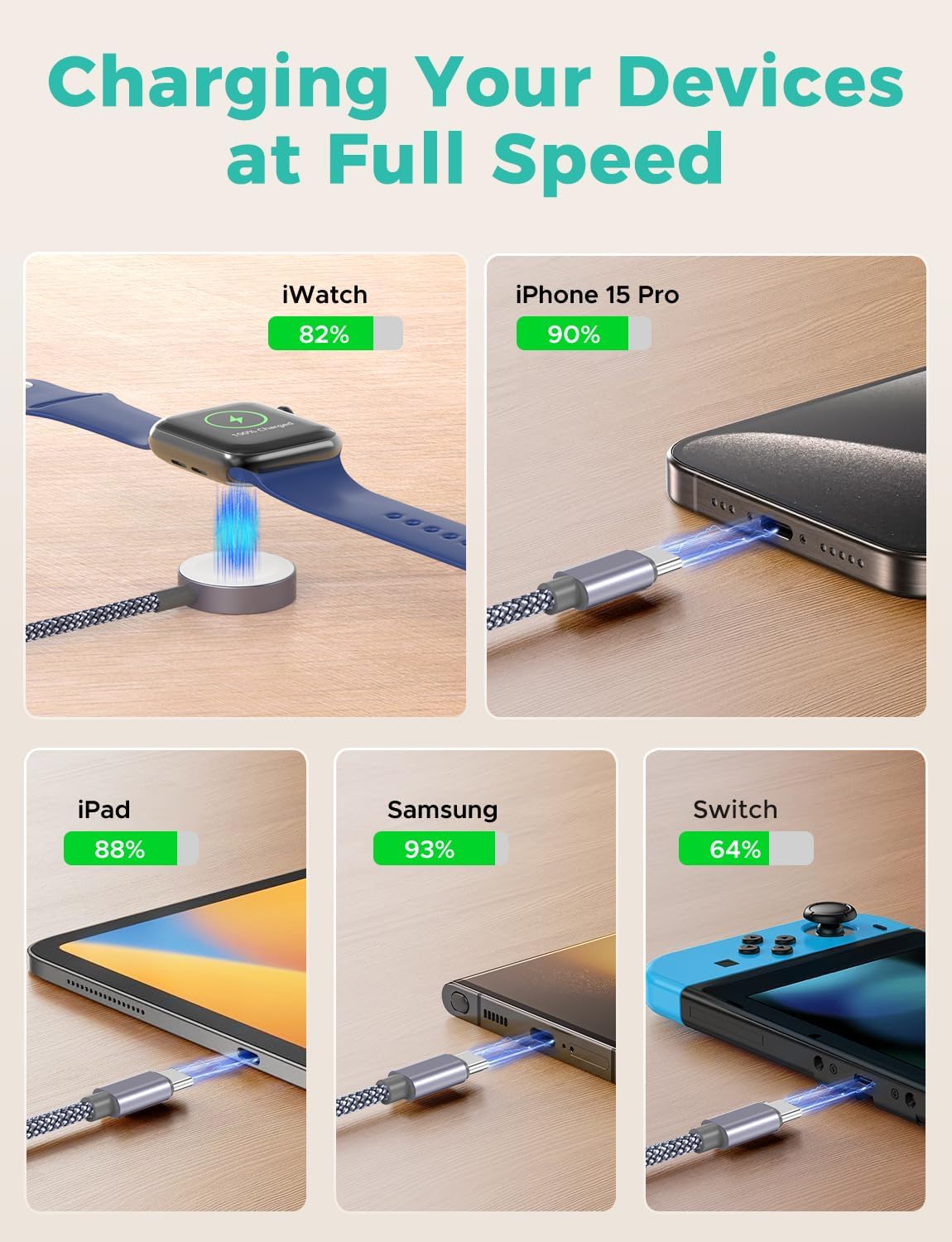 Thumbnail 2 de 2Pack Upgraded 3-in-2 USB C Cable for Apple Watch