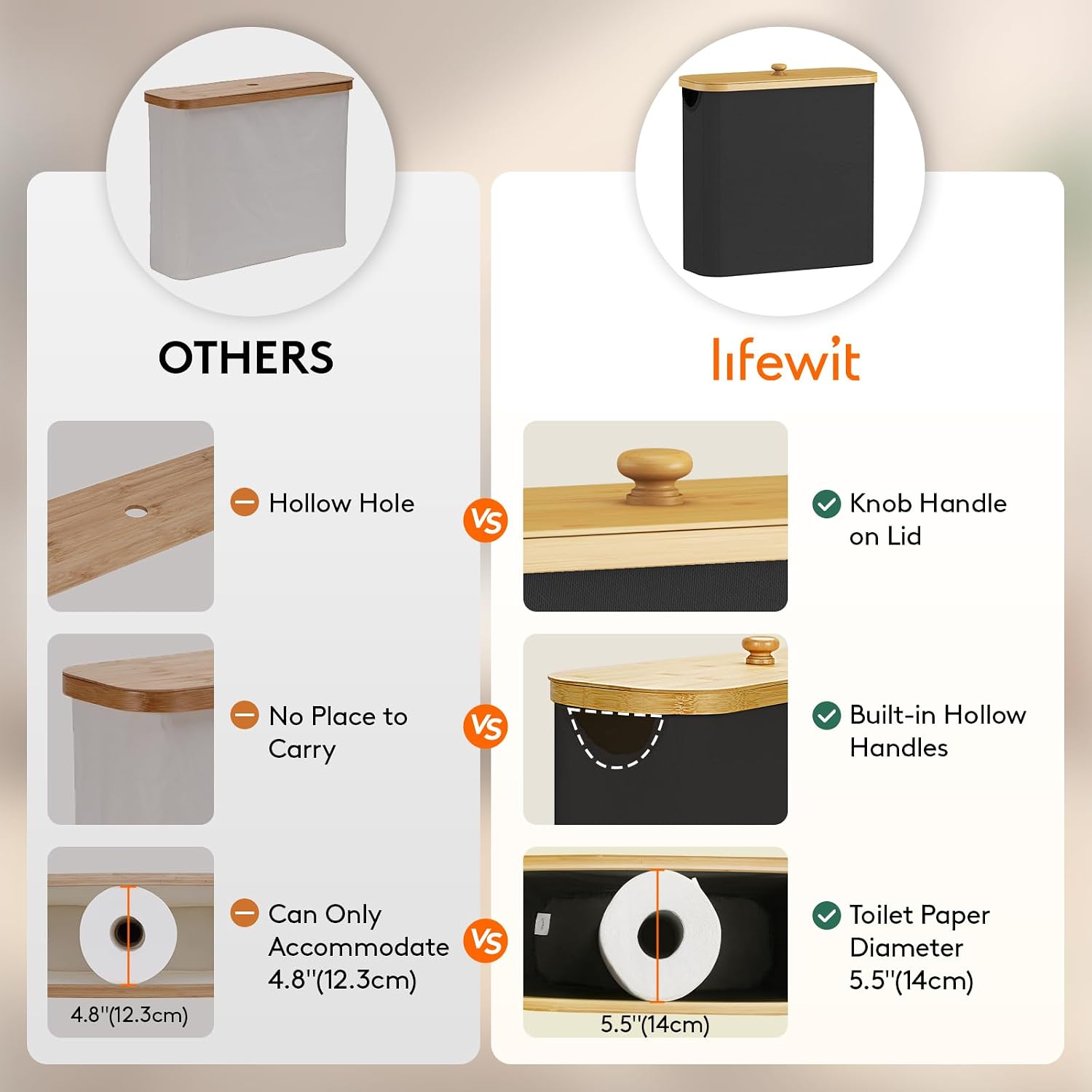 Thumbnail 4 de Lifewit 23225 Toilet Paper Storage Basket, 30L, Black with Bamboo Lid